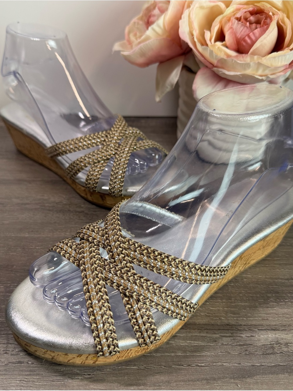 Eric Javits Raffia Metallic Braid cork wedge sandals size 7 - Picture 2 of 6